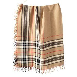 Ralph Lauren Beige Plaid Square Statement Wrap Scarf‎ Fringe Professional Shawl